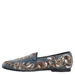 Blue Velvet Embellished Dress Loafers Shoes