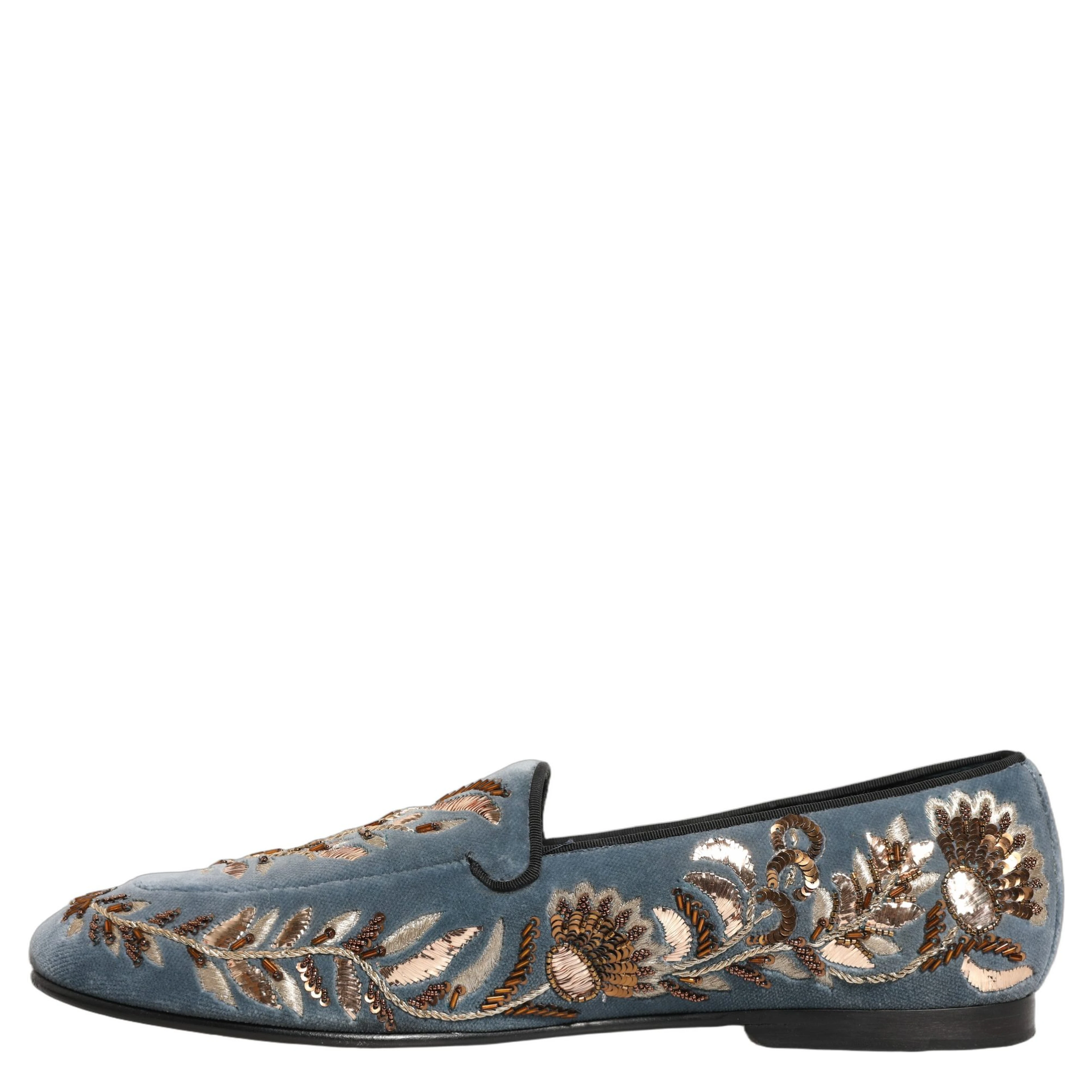 Blue Velvet Embellished Dress Loafers Shoes