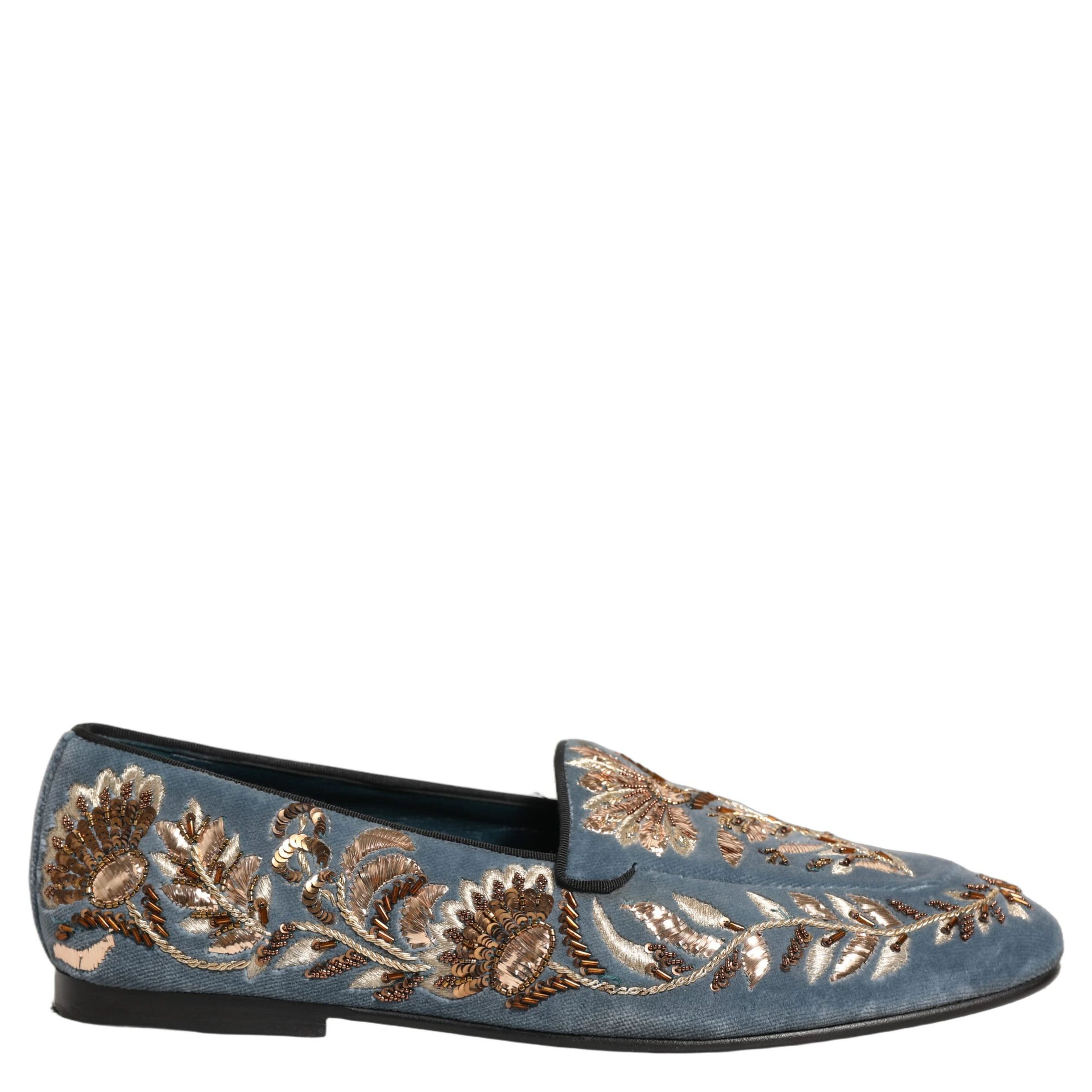 Blue Velvet Embellished Dress Loafers Shoes