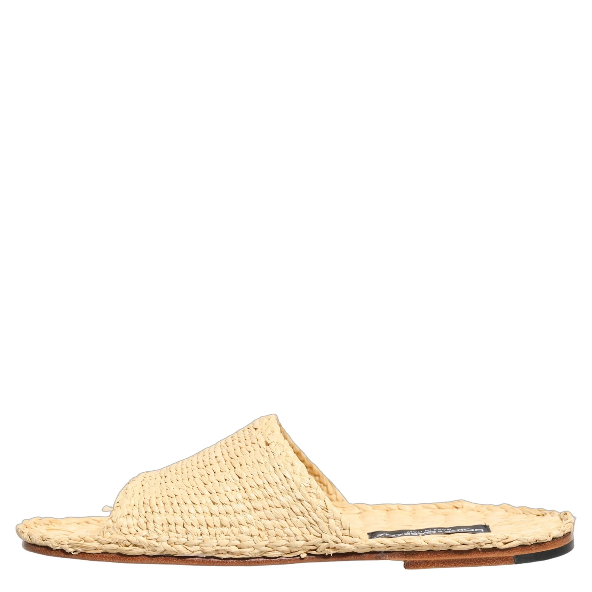 Beige Straw Raffia Slides Sandals Flats Shoes