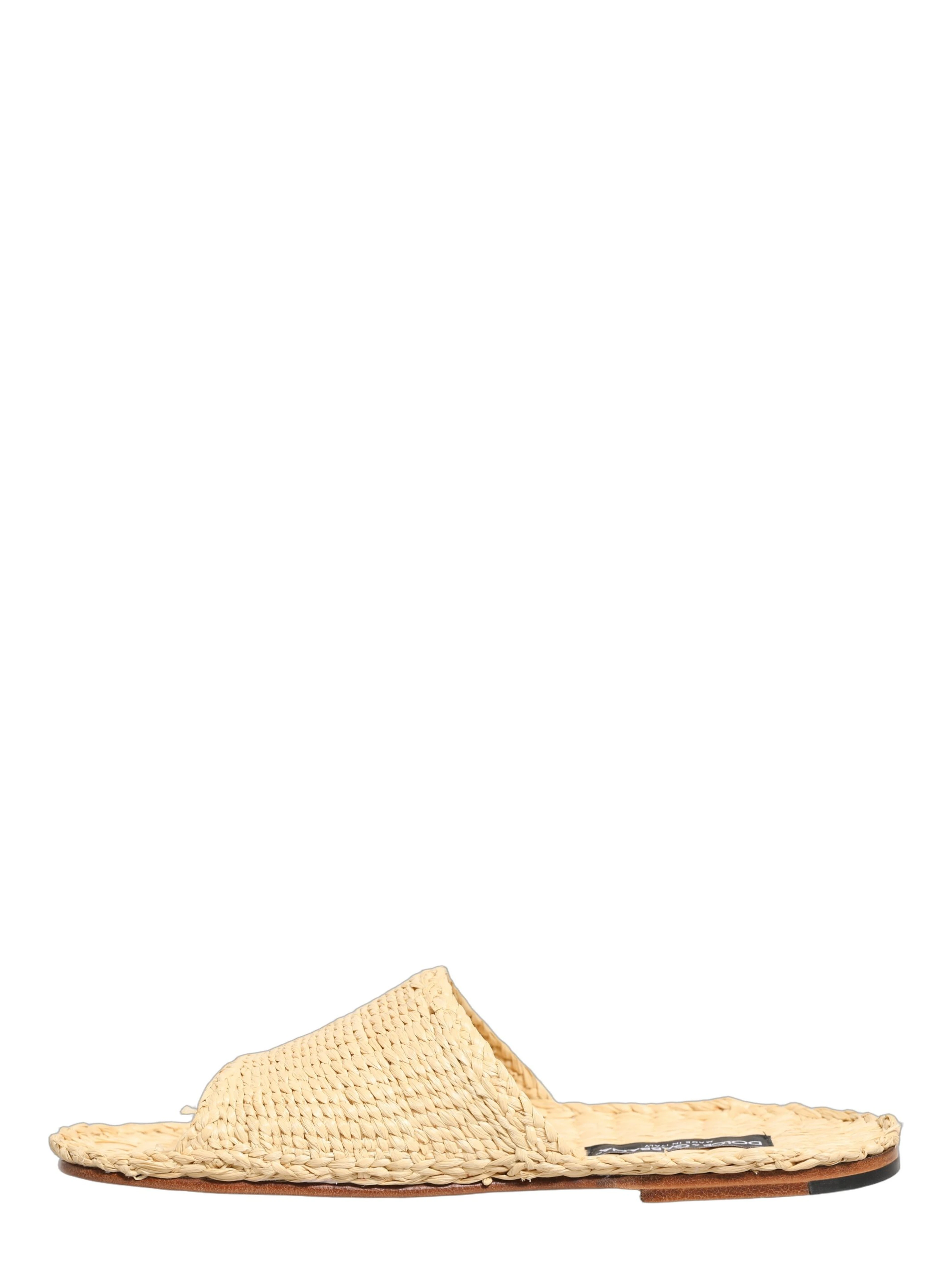Beige Straw Raffia Slides Sandals Flats Shoes