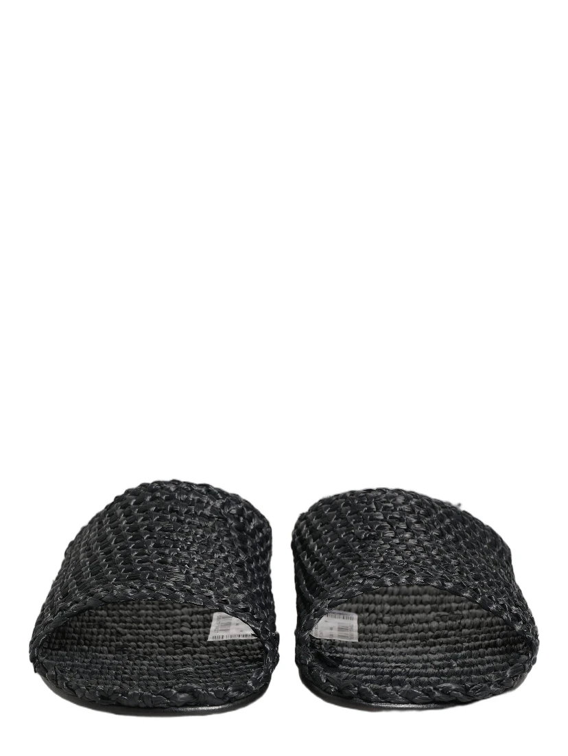 Black Straw Raffia Slides Sandals Flats Shoes