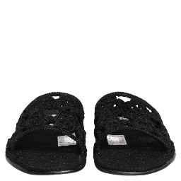 Black Fabric Woven Slides Sandals Flats Shoes