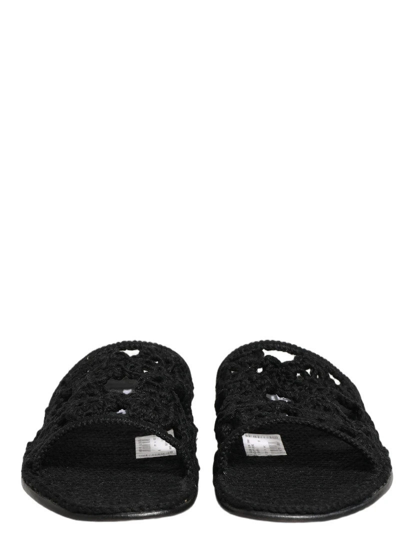 Black Fabric Woven Slides Sandals Flats Shoes