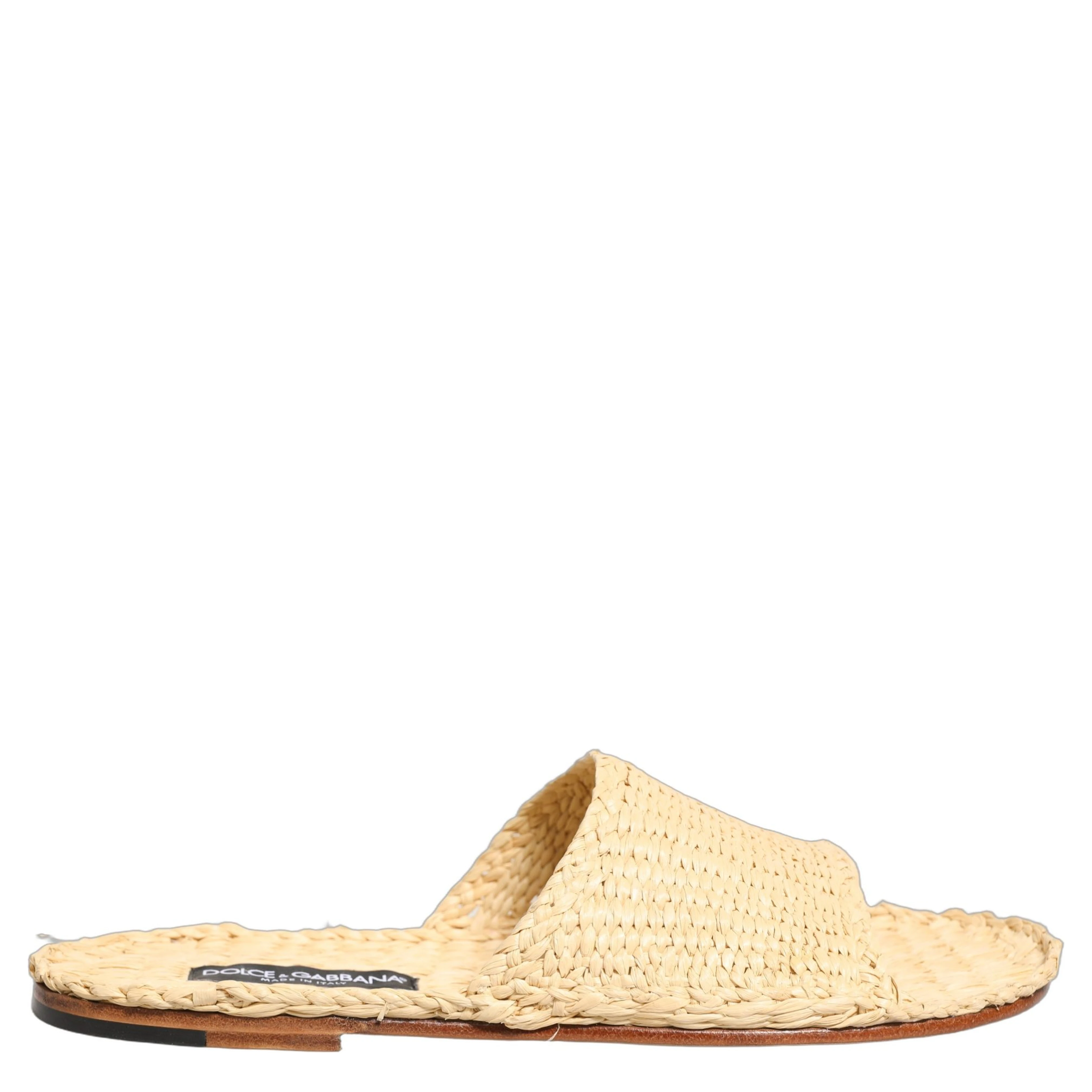 Beige Straw Raffia Slides Sandals Flats Shoes