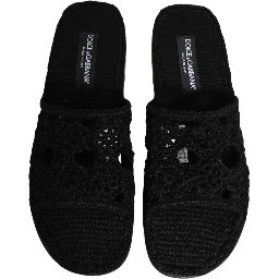 Black Fabric Woven Slides Sandals Flats Shoes