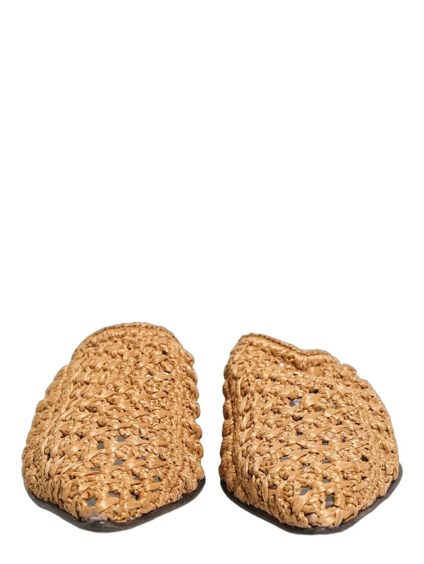 Beige Woven Straw Slides Sandals Flats Shoes