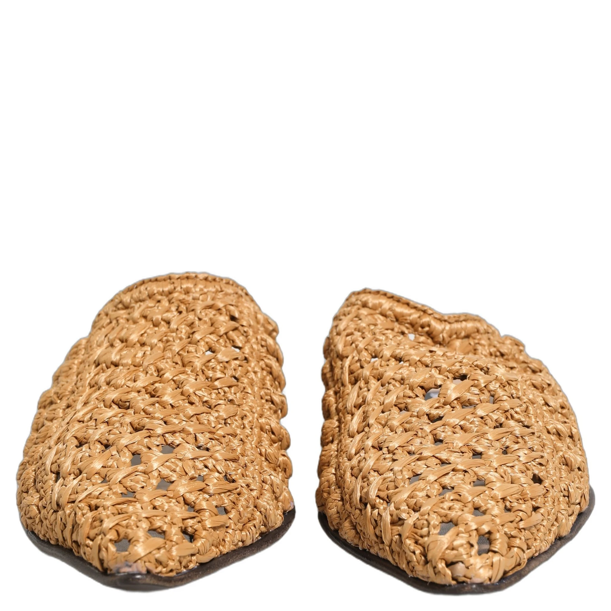 Beige Woven Straw Slides Sandals Flats Shoes