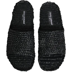 Black Straw Raffia Slides Sandals Flats Shoes