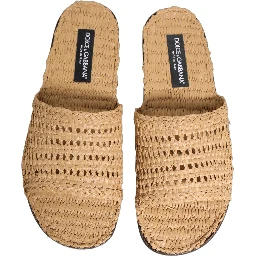 Beige Straw Raffia Slides Sandals Flats Shoes