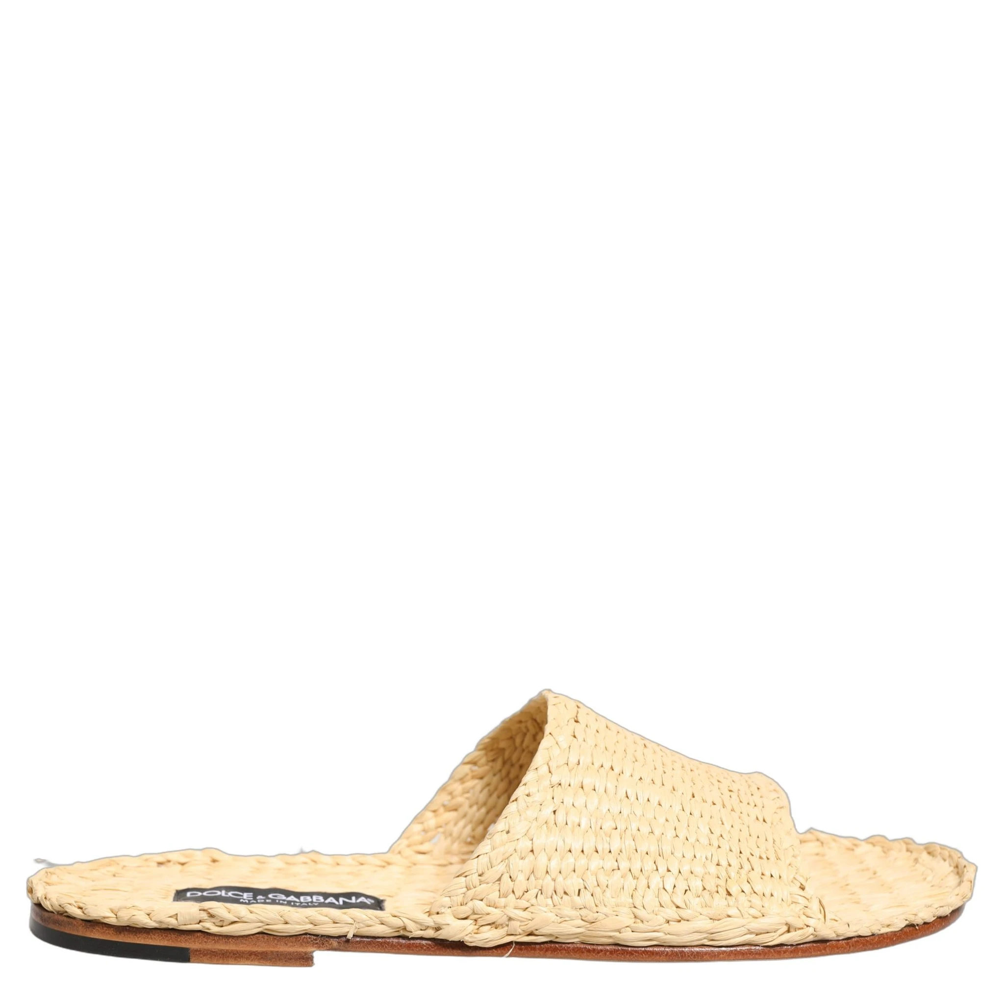 Beige Straw Raffia Slides Sandals Flats Shoes