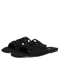 Black Fabric Woven Slides Sandals Flats Shoes
