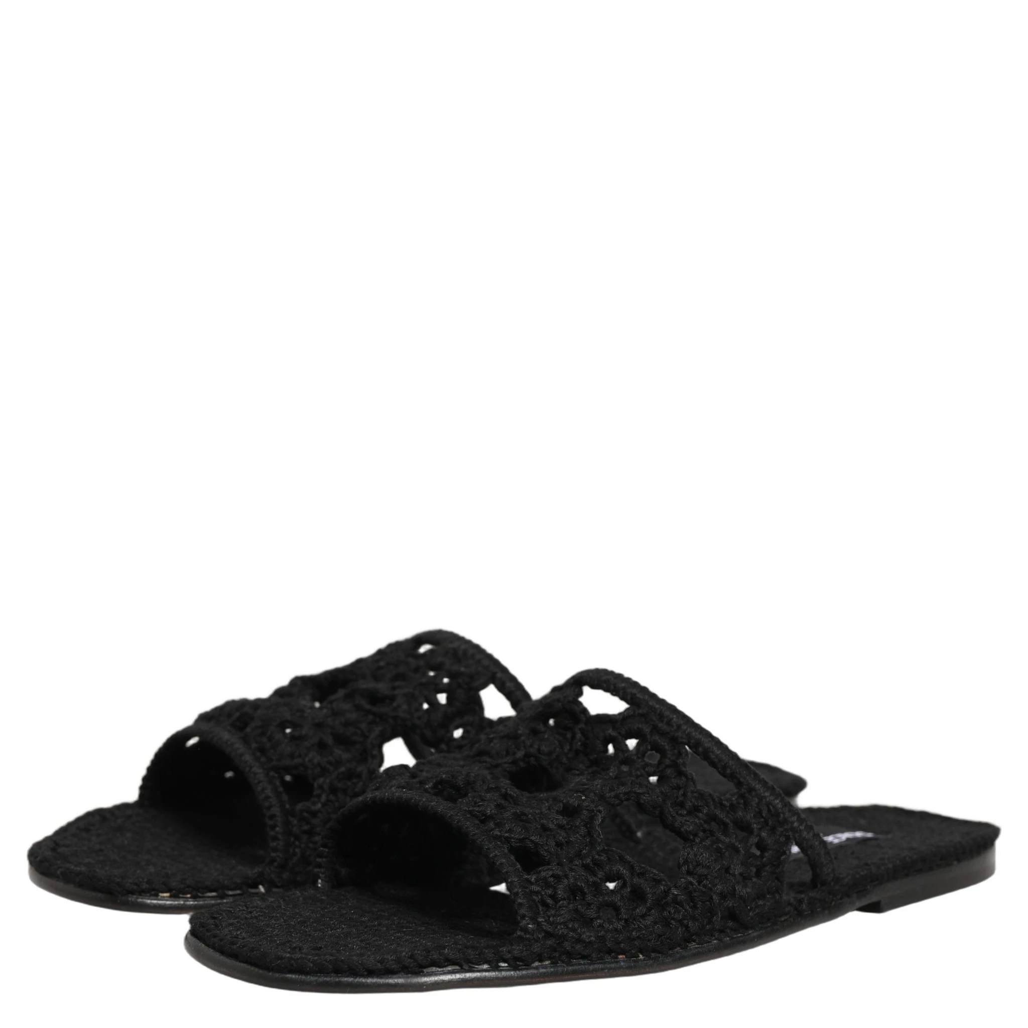 Black Fabric Woven Slides Sandals Flats Shoes