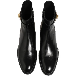 Black Leather Logo Buckle Mid Calf Boots Shoes