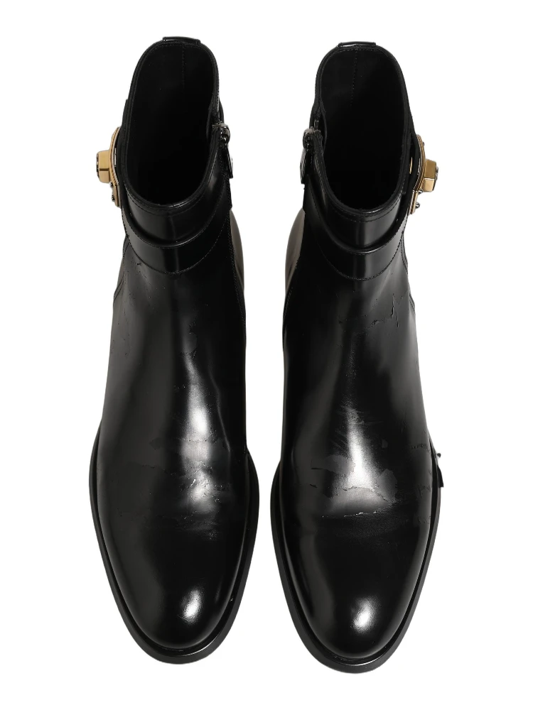 Black Leather Logo Buckle Mid Calf Boots Shoes