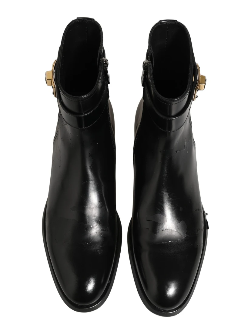 Black Leather Logo Buckle Mid Calf Boots Shoes