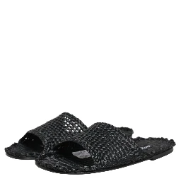 Black Straw Raffia Slides Sandals Flats Shoes