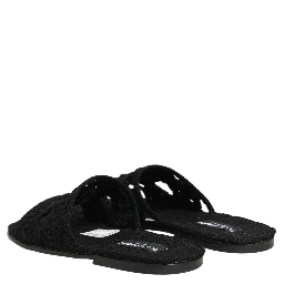 Black Fabric Woven Slides Sandals Flats Shoes