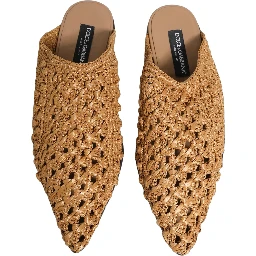 Beige Woven Straw Slides Sandals Flats Shoes