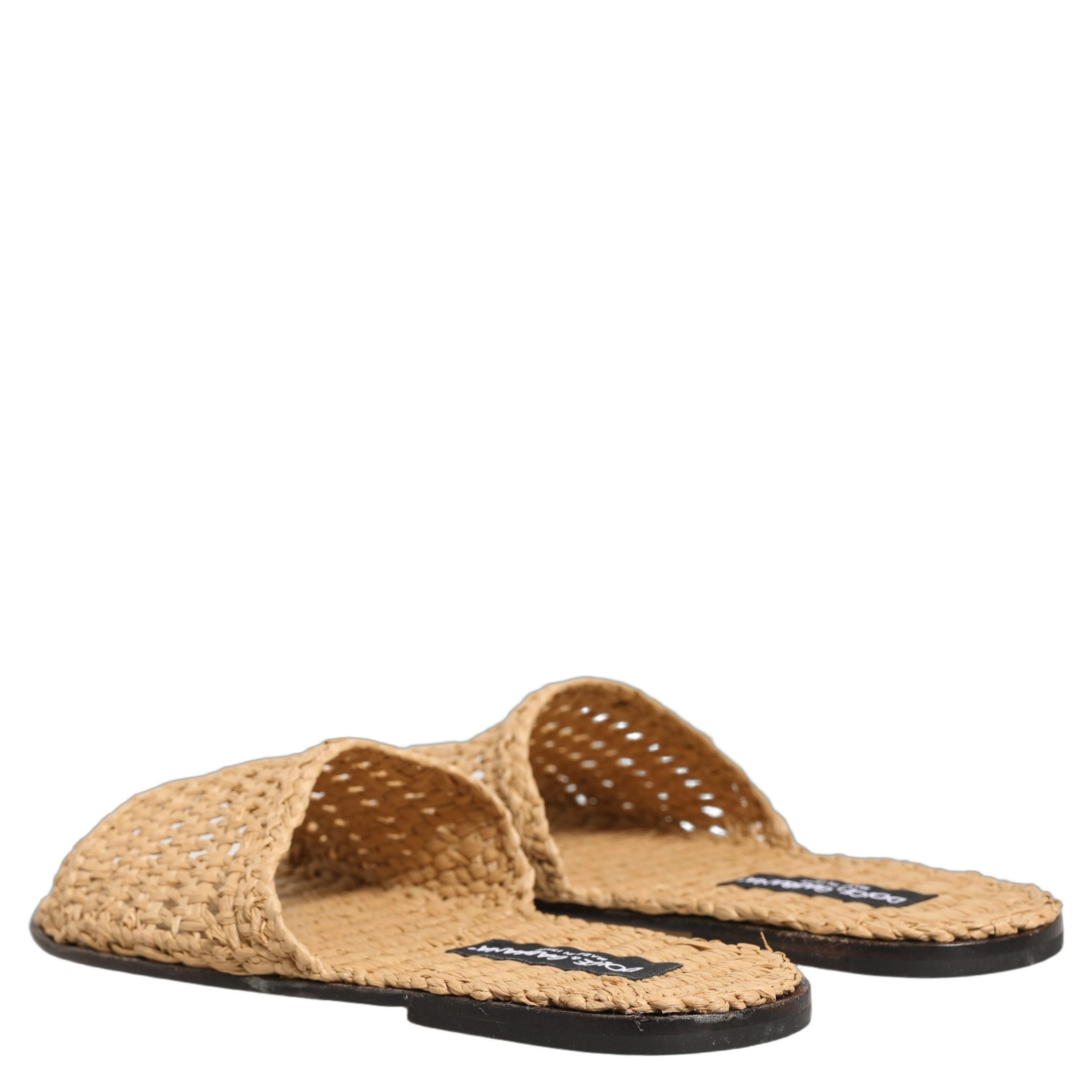 Beige Straw Raffia Slides Sandals Flats Shoes