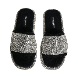 Black Crystal Embellished Platform Men Slides Shoes