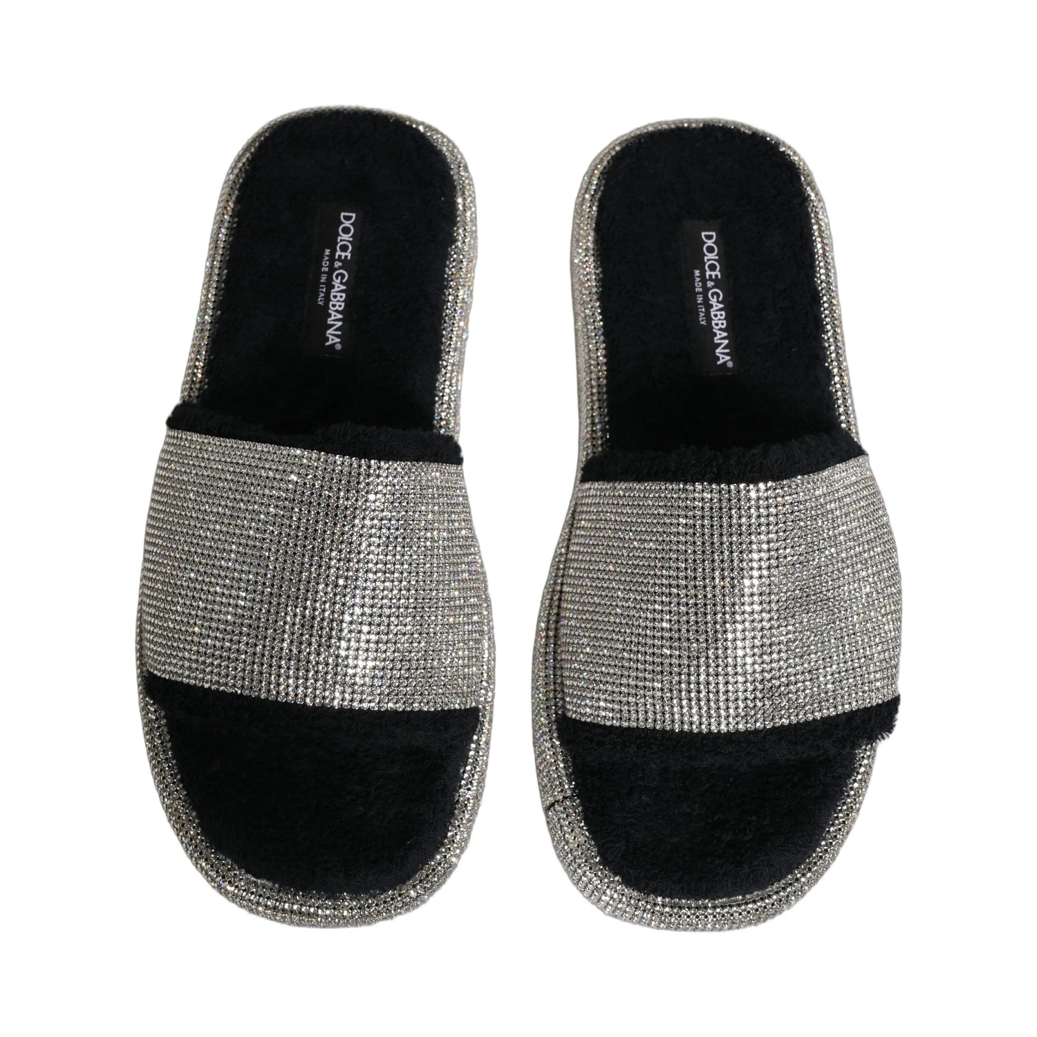 Black Crystal Embellished Platform Men Slides Shoes