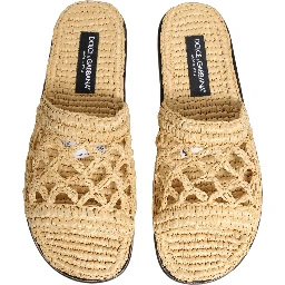Beige Straw Raffia Slides Sandals Flats Shoes