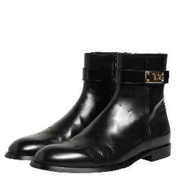 Black Leather Logo Buckle Mid Calf Boots Shoes