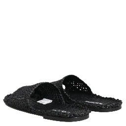 Black Straw Raffia Slides Sandals Flats Shoes