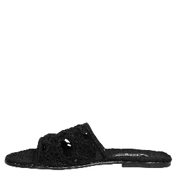 Black Fabric Woven Slides Sandals Flats Shoes