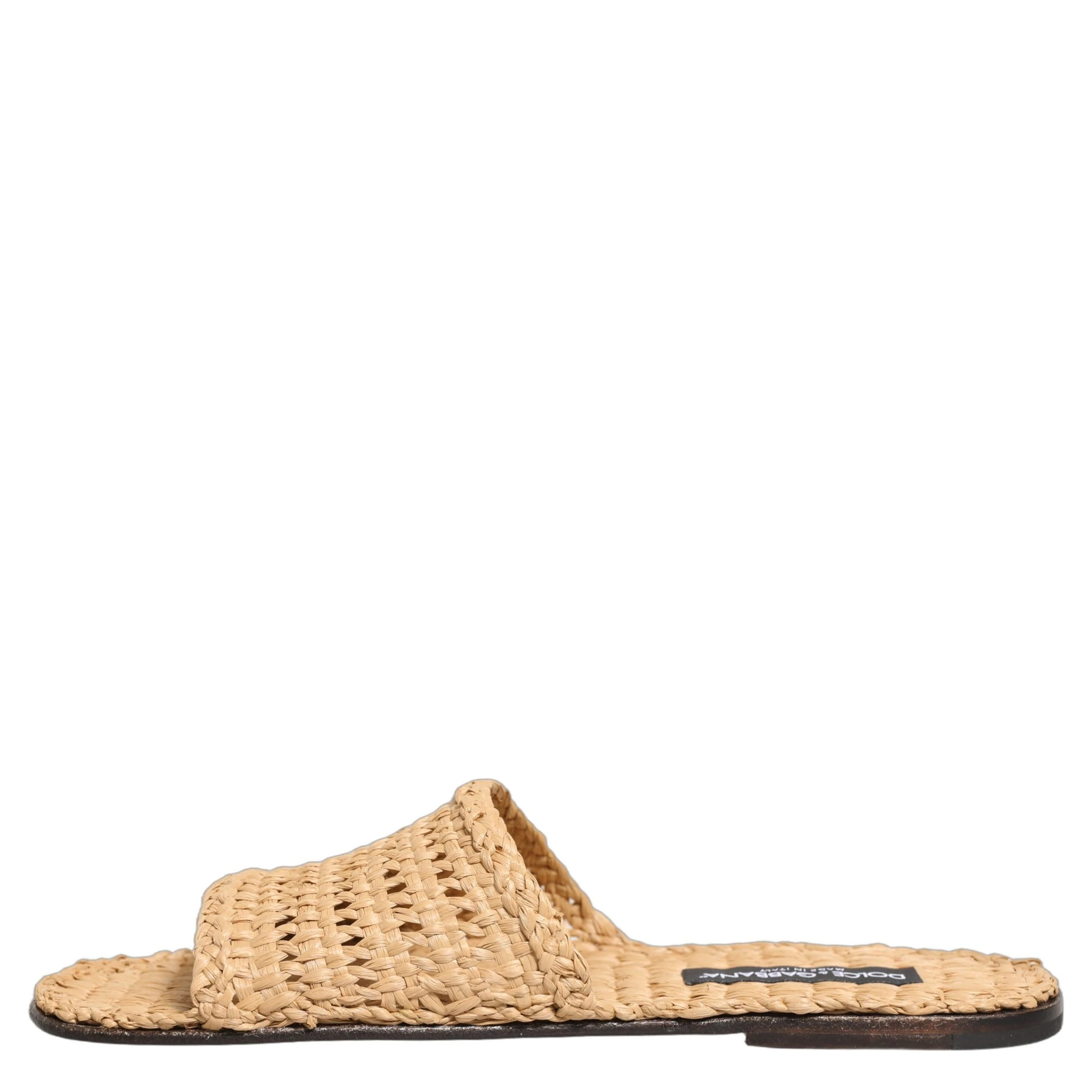 Beige Straw Raffia Slides Sandals Flats Shoes