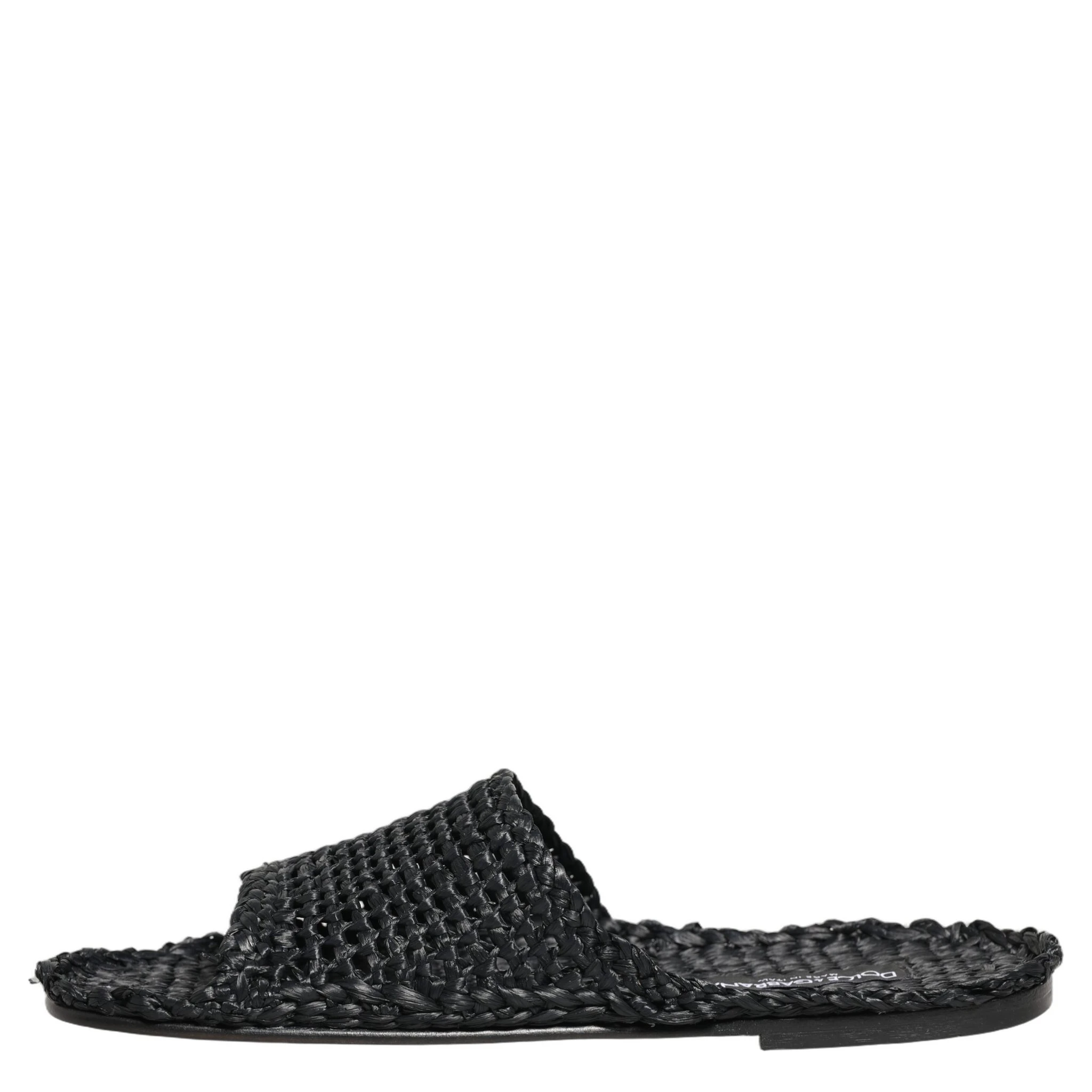 Black Straw Raffia Slides Sandals Flats Shoes