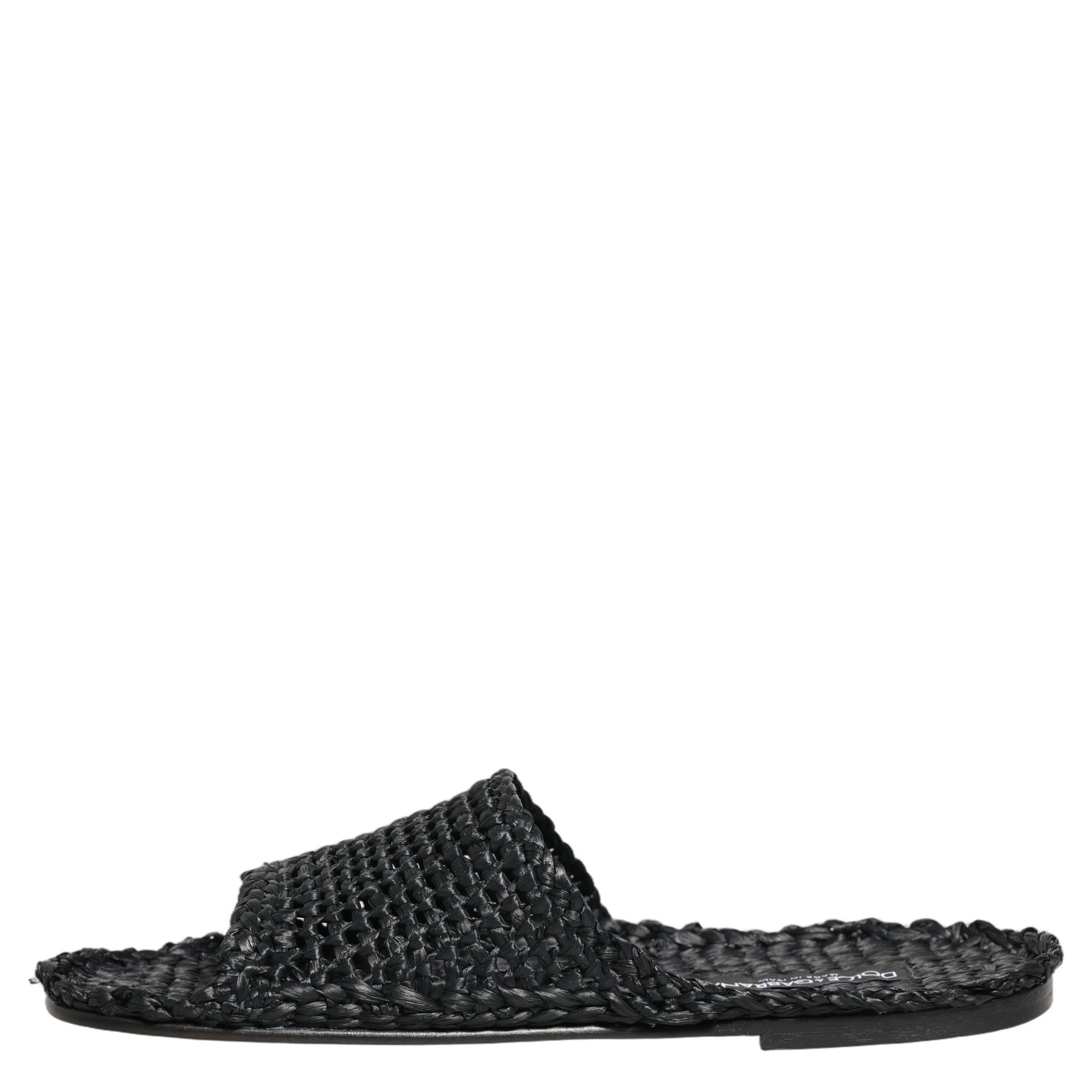 Black Straw Raffia Slides Sandals Flats Shoes