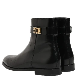 Black Leather Logo Buckle Mid Calf Boots Shoes
