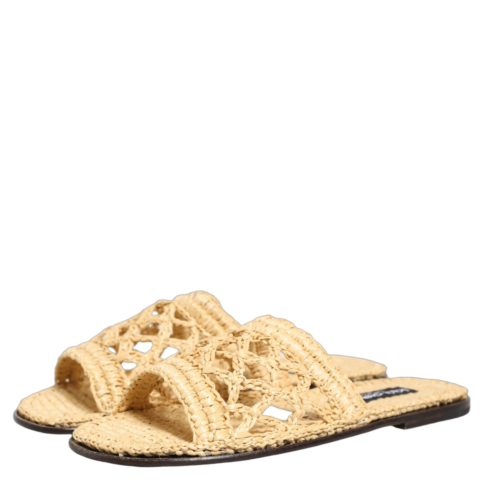 Beige Straw Raffia Slides Sandals Flats Shoes