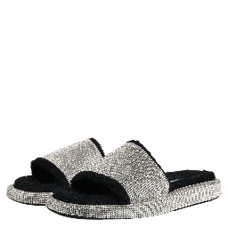 Black Crystal Embellished Platform Men Slides Shoes