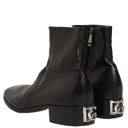 Black Leather Logo Short Ankle Boots Shoes