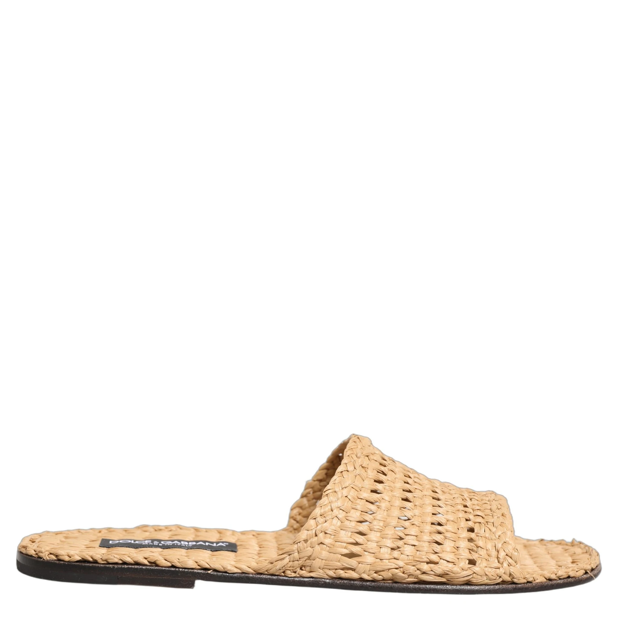 Beige Straw Raffia Slides Sandals Flats Shoes