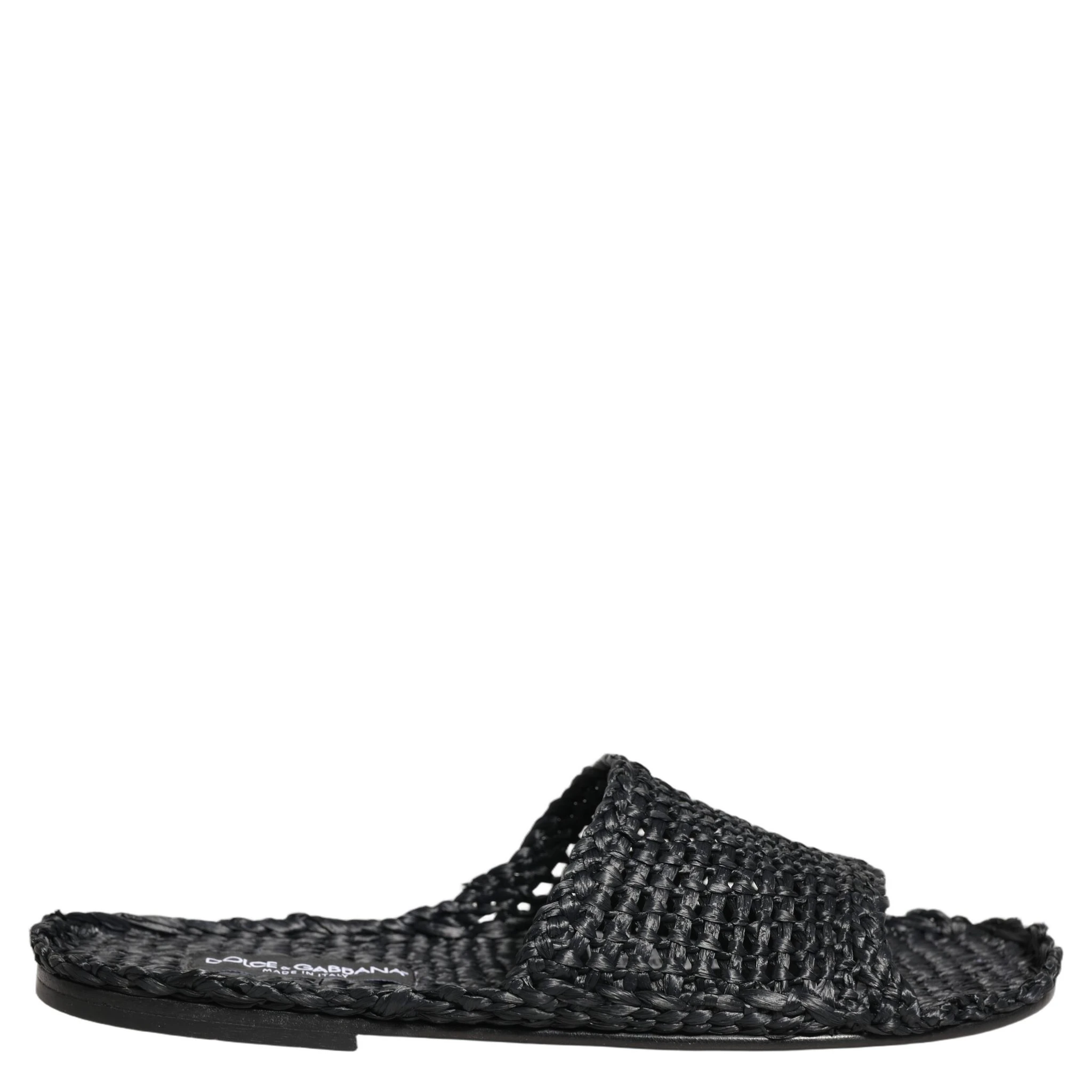 Black Straw Raffia Slides Sandals Flats Shoes