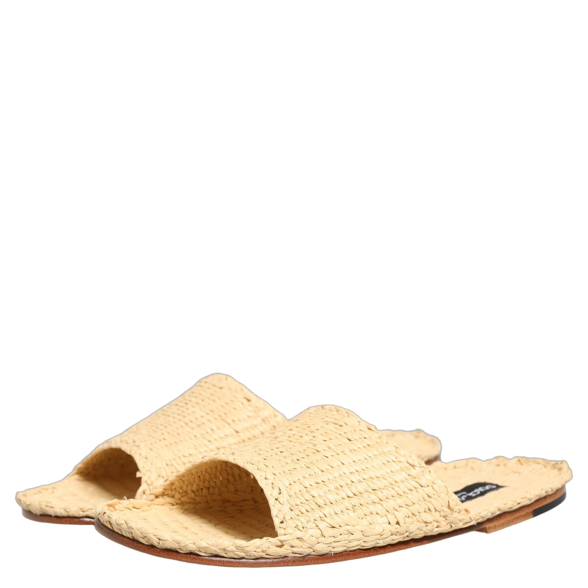 Beige Straw Raffia Slides Sandals Flats Shoes
