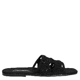 Black Fabric Woven Slides Sandals Flats Shoes