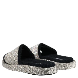 Black Crystal Embellished Platform Men Slides Shoes
