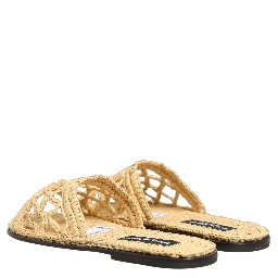 Beige Straw Raffia Slides Sandals Flats Shoes