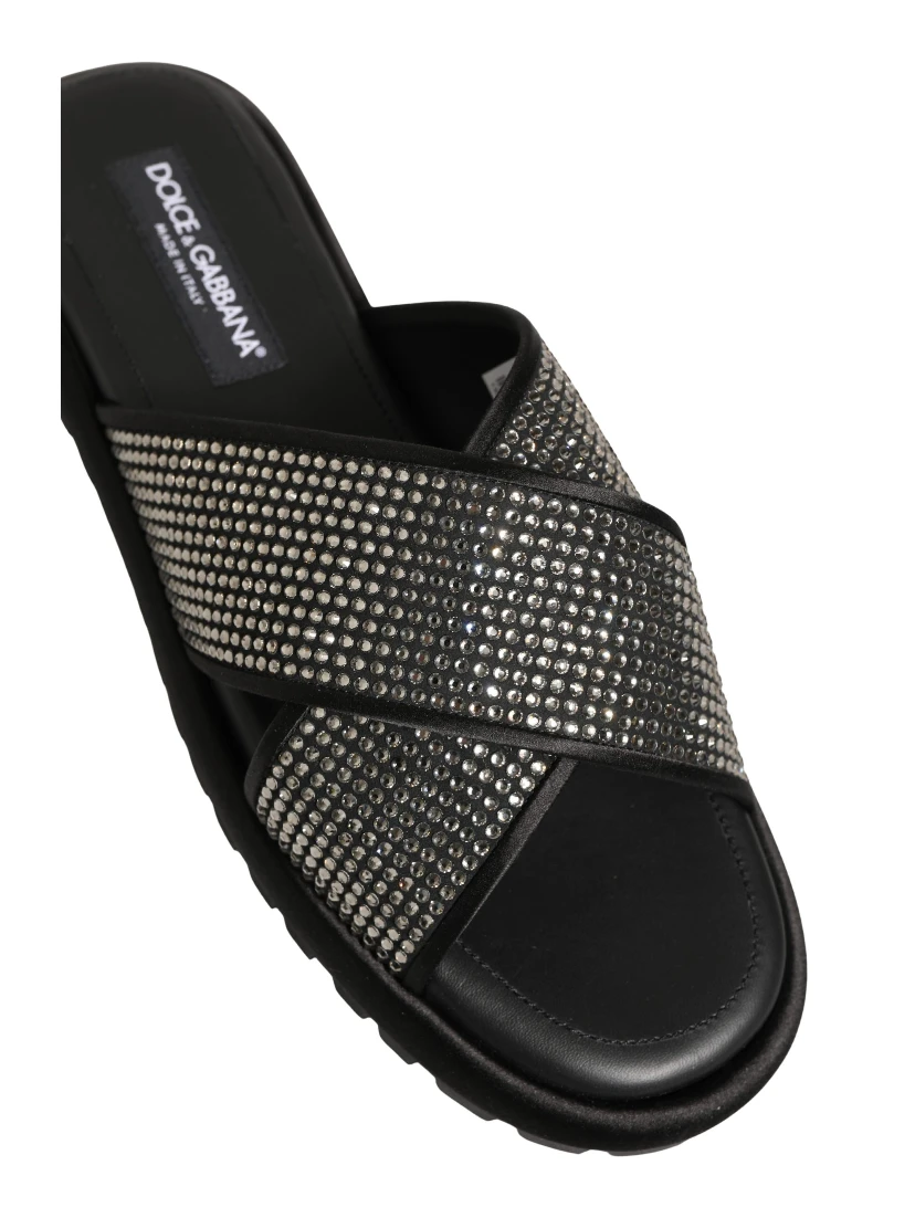 Black Strass Criss Cross Slide Sandals Shoes