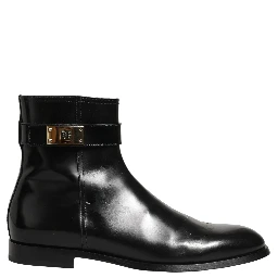 Black Leather Logo Buckle Mid Calf Boots Shoes