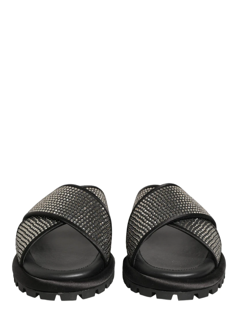 Black Strass Criss Cross Slide Sandals Shoes