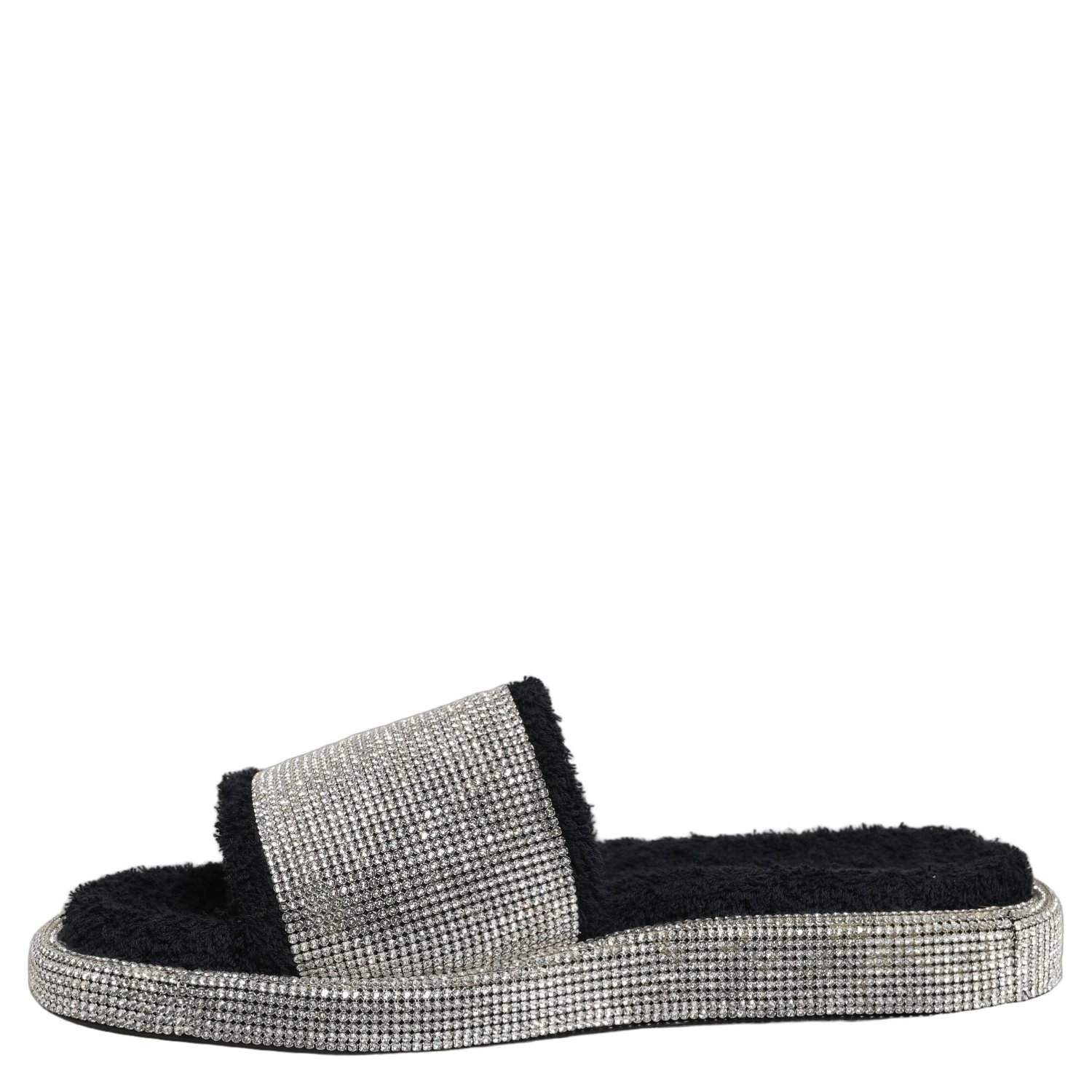 Black Crystal Embellished Platform Men Slides Shoes