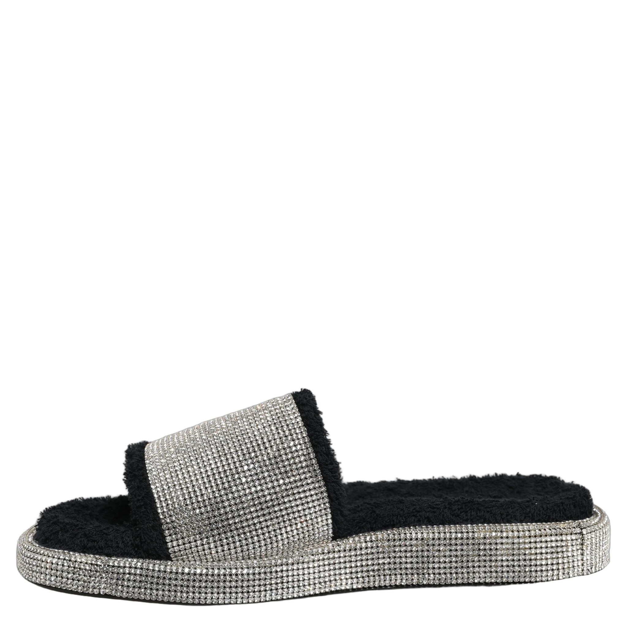 Black Crystal Embellished Platform Men Slides Shoes