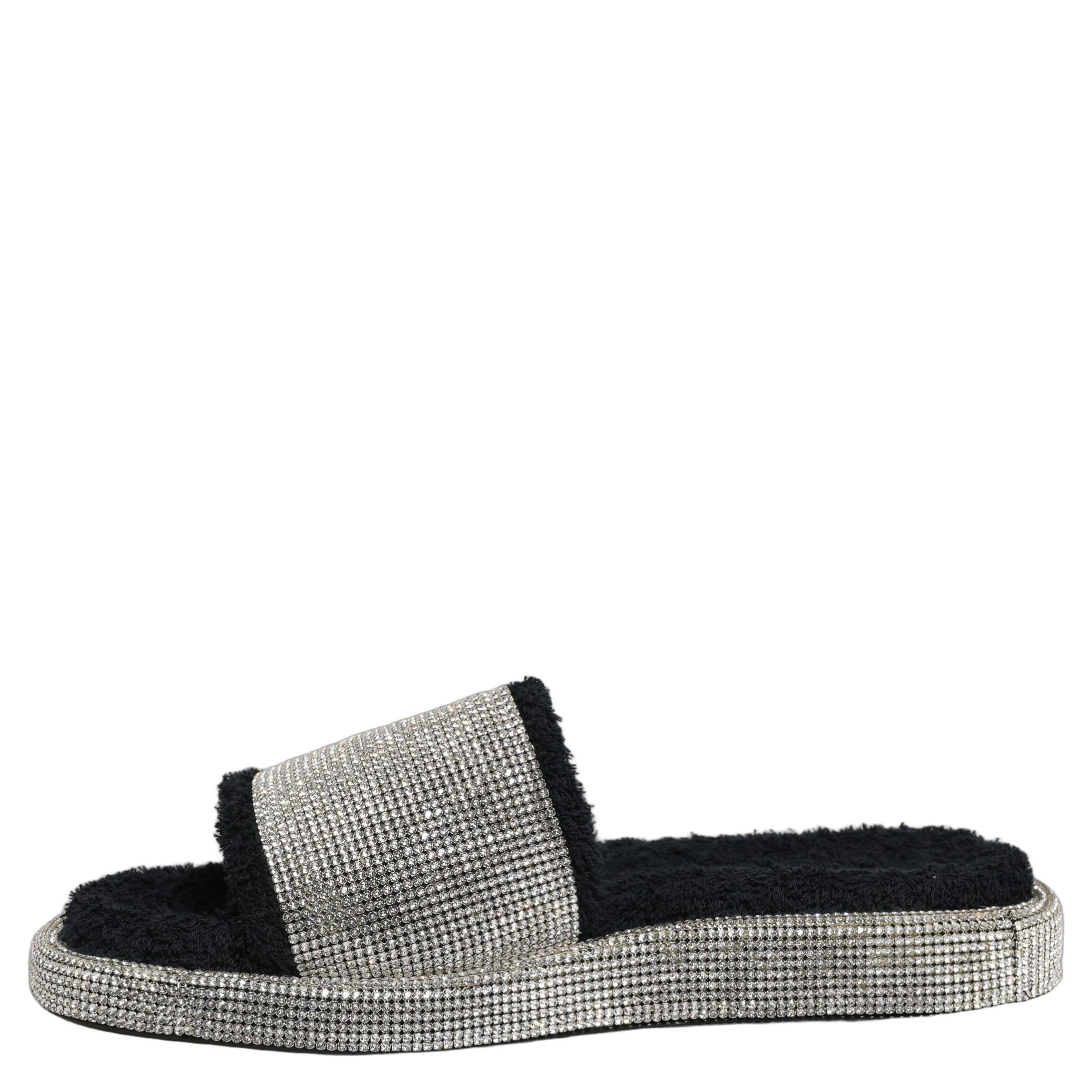 Black Crystal Embellished Platform Men Slides Shoes
