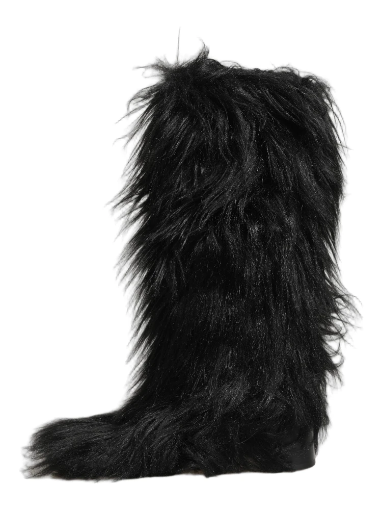 Black Faux Fur Mid Calf Winter Boots Shoes